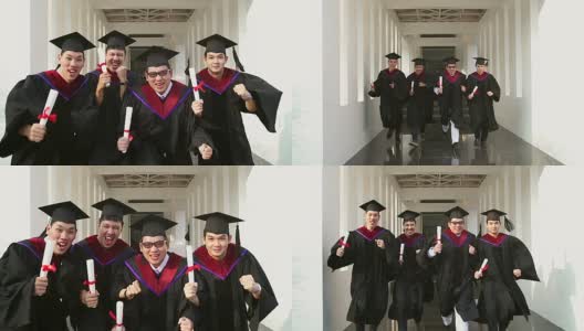 成功的毕业生穿着学位服，拿着学位证书，看着相机，微笑着跳到户外拍照。高清在线视频素材下载