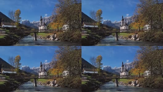 德国巴伐利亚阿尔卑斯，拉姆绍，贝希特斯加登，著名的教区教堂圣塞巴斯蒂安的河面。高清在线视频素材下载