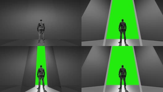 一个人站在通往未来的大门前，绿屏，阿尔法高清在线视频素材下载