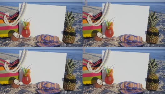 静物沙滩，白底题字是站在沙滩、大海、沙滩上，鸡尾酒配热带水果、菠萝高清在线视频素材下载