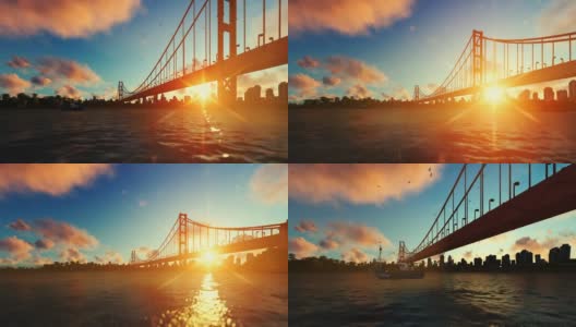 金门大桥渔船缩小，美丽的日出高清在线视频素材下载