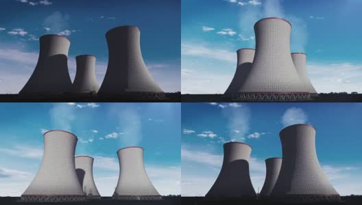 烟熏核电站冷却塔，火电厂，云天空视图图像。高清在线视频素材下载