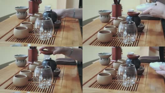 中国传统茶道放在茶几上，拉近了距离高清在线视频素材下载