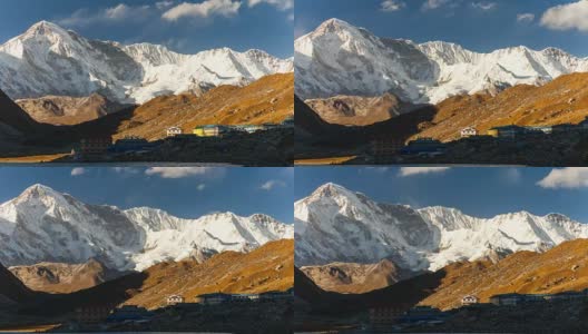 在尼泊尔珠穆朗玛峰附近的昆布地区，云在Gokyo村和湖上方移动的一段延时视频。高清在线视频素材下载