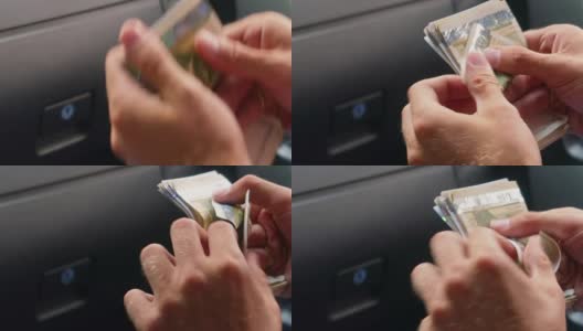 男人在车里数钱，近距离的手，白色，列夫，保加利亚的钱高清在线视频素材下载