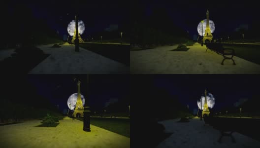 巴黎埃菲尔铁塔下的满月，移动摄影机高清在线视频素材下载