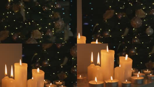 以圣诞蜡烛和装饰为背景的圣诞树上有彩灯。高清在线视频素材下载