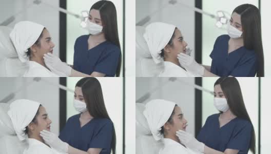 4K医生在美容诊所对女性面部进行填充注射高清在线视频素材下载