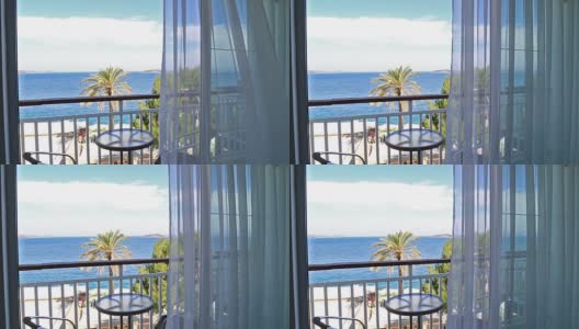 透过窗帘可以看到美丽的海景高清在线视频素材下载