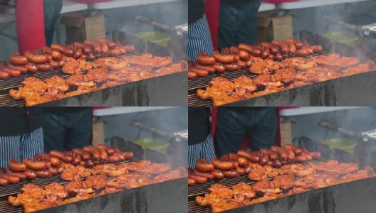 街头小贩在户外烧烤食物，不健康的营养，高脂肪的零食高清在线视频素材下载