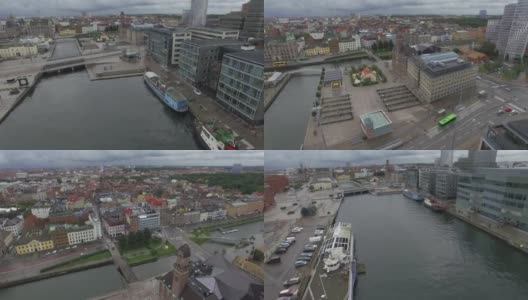 航拍在城市运河Malmö，瑞典。无人机俯瞰城市景观和办公楼高清在线视频素材下载