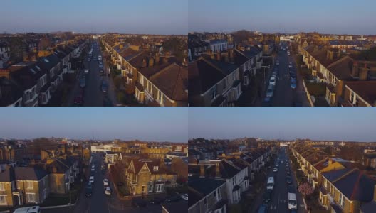 Flying above London surburban houses and apartments aerial view at dawn on sunny day高清在线视频素材下载