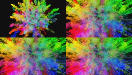 爆炸的火药孤立在黑色背景。3d动画的粒子作为彩色的背景或覆盖效果。迸发出彩虹般的色彩，粉饼呈现出明亮如胡里节。38高清在线视频素材下载