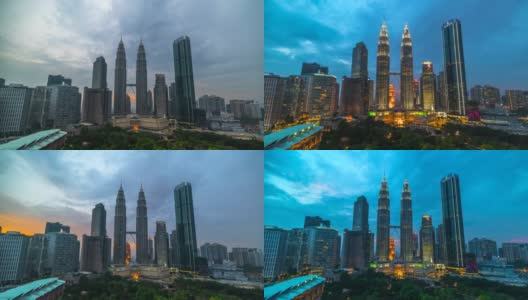 4K时间流逝日落场景的电影移动云和马来西亚吉隆坡市双子星塔高清在线视频素材下载