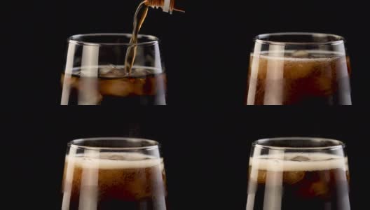 苏打(可乐)被倒进冰4K视频的普通玻璃杯高清在线视频素材下载