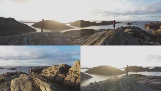 一名女性户外探险的无人机镜头:在挪威徒步旅行，在峡湾边的山上高清在线视频素材下载