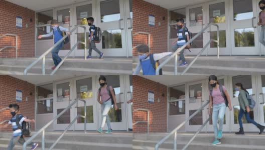 戴着面具的小学生正在离开学校高清在线视频素材下载