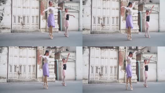 侧视图:年轻的女芭蕾舞老师在当地的街道和旧建筑作为教室，教学生带领白人青少年芭蕾舞者练习芭蕾舞。概念活泼的年轻妇女和孩子在周末的活动。高清在线视频素材下载