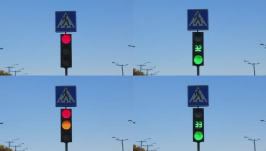 一个红绿灯和一个人行横道的路标，绿灯亮了高清在线视频素材下载