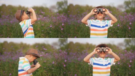 亚洲孩子用望远镜和放大镜在公园和森林里学习户外运动高清在线视频素材下载