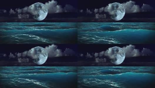 神奇的海浪，月亮在云中闪耀。高清在线视频素材下载