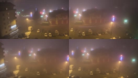 时间随着夜晚笼罩着小镇的雾流逝高清在线视频素材下载