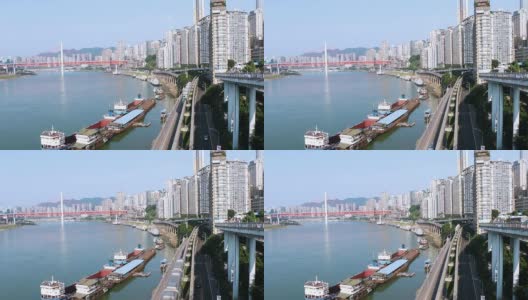 江边的天际线、交通和现代建筑，实时呈现。高清在线视频素材下载