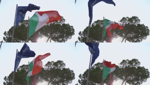 蓝天上飘扬着意大利国旗。意大利国旗。慢动作高清在线视频素材下载