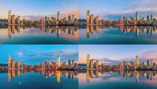 日落时分的重庆天际线和现代城市商业大厦。从白天到夜晚的延时摄影。高清在线视频素材下载