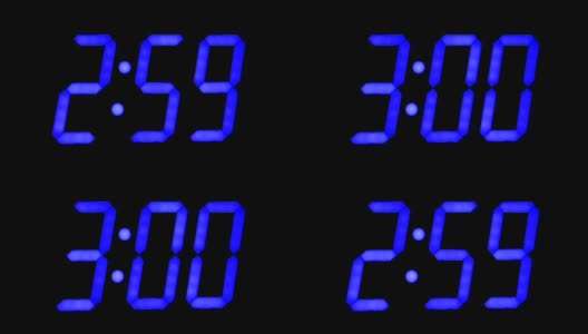 LED时钟显示与大蓝色数字，工作与闪烁秒，改变2.59到3.00。高清在线视频素材下载