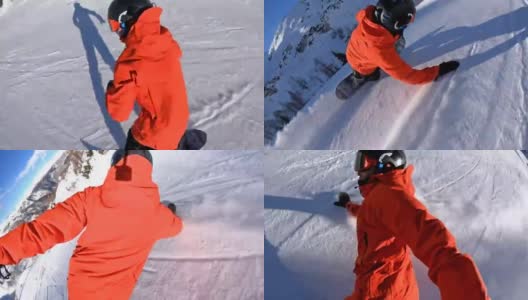 滑雪者沿着滑雪坡滑行，身后留下一团粉末雪高清在线视频素材下载