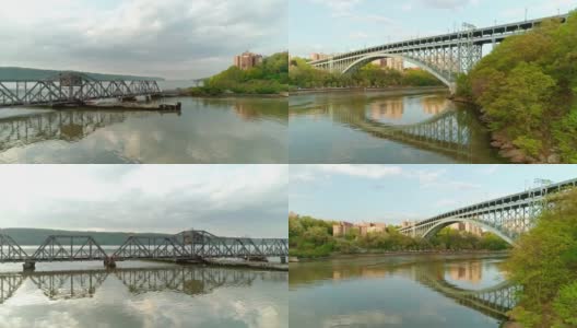 从哈德逊河到布朗克斯的视野，从亨利哈德逊桥到斯普滕杜伊维尔桥的全景摄像机运动。高清在线视频素材下载