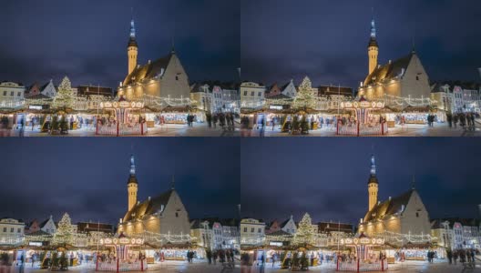 爱沙尼亚塔林。市政厅广场传统圣诞市场和旋转木马的延时拍摄。圣诞树和贸易公司。著名地标和联合国教科文组织世界遗产高清在线视频素材下载