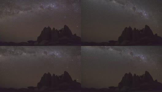 在博茨瓦纳的Makgadikgadi pan，恒星延时拍摄，银河系在夜空中移动，有不寻常的岩石形成高清在线视频素材下载