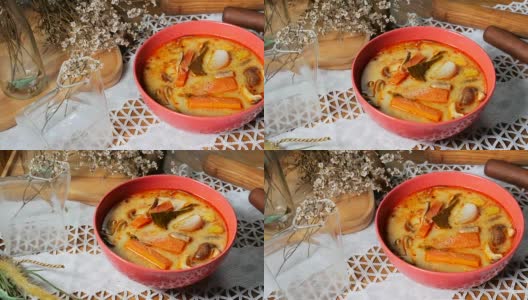 美味的辛辣亚洲食物，冬阴汤是一种辛辣的泰国汤高清在线视频素材下载