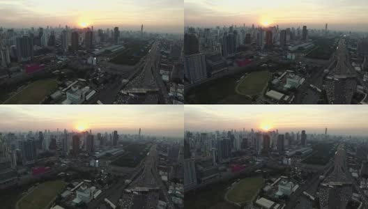 鸟瞰图曼谷摩天大楼和高速公路在泰国首都曼谷的心脏高清在线视频素材下载
