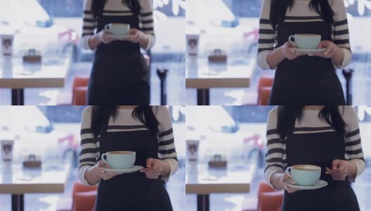 一个近距离的女侍者端来咖啡高清在线视频素材下载