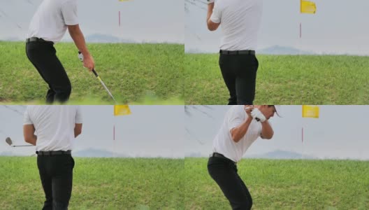 高尔夫球手把高尔夫球在绿色的高尔夫，体育电影高清在线视频素材下载
