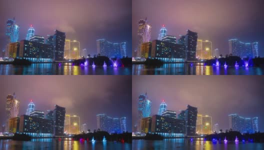 澳门市区，夜光酒店中心，湖光喷泉，时光流逝4k中国高清在线视频素材下载