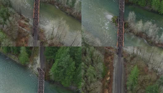 斯科米什河上生锈铁路桥的自上而下无人机拍摄高清在线视频素材下载