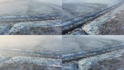 在一个霜冻和雾蒙蒙的早晨，一场雪之后，一条小河流过荒地的高角度视图高清在线视频素材下载