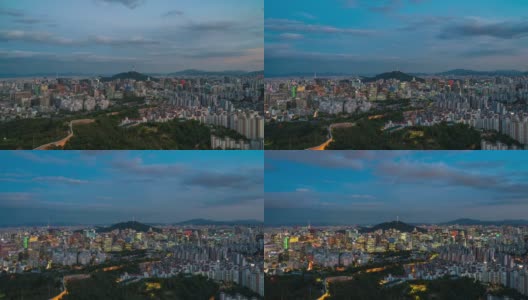 美丽的云朵飘过首尔城市天际线鸟瞰图夜(放大)高清在线视频素材下载