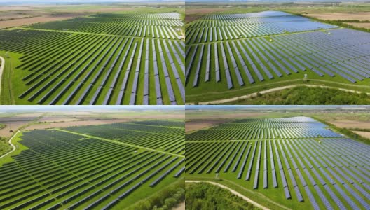 大型可持续发电厂鸟瞰图，有许多排太阳能光伏板，用于生产清洁的生态电能。零排放的可再生电力高清在线视频素材下载