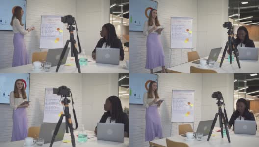 一位年轻成功的女商人正在参加一个关于如何创业的在线讲座。高清在线视频素材下载