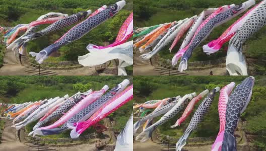 日本鲤鱼风筝彩带装饰高清在线视频素材下载