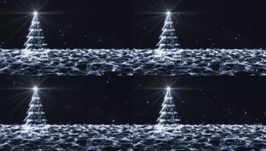 圣诞树和礼物旋转在未来技术分子抽象丛背景。圣诞和新年无缝循环动画。高清在线视频素材下载