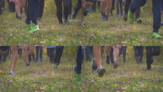 在日落时，双腿跑过秋天公园的特写。人们在森林里跑步穿越乡村。慢跑动机在绿色公园鼓舞人心的景观。在树林里跑马拉松。缓慢的运动。高清在线视频素材下载
