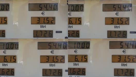 消费者在加油站的汽油价格上涨。加油站加油屏幕上的价格上涨，柴油的电子显示，加油更换汽油，价格和加仑计数器高清在线视频素材下载
