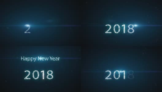 动画动作背景，Happy new year 2018文字与小颗粒和蓝色光束射线效果，雪花落下背景。高清在线视频素材下载
