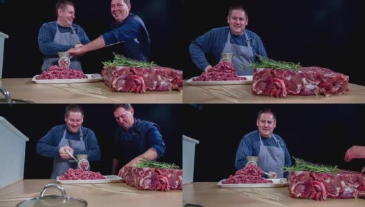 一个男人在磨肉的时候非常开心高清在线视频素材下载